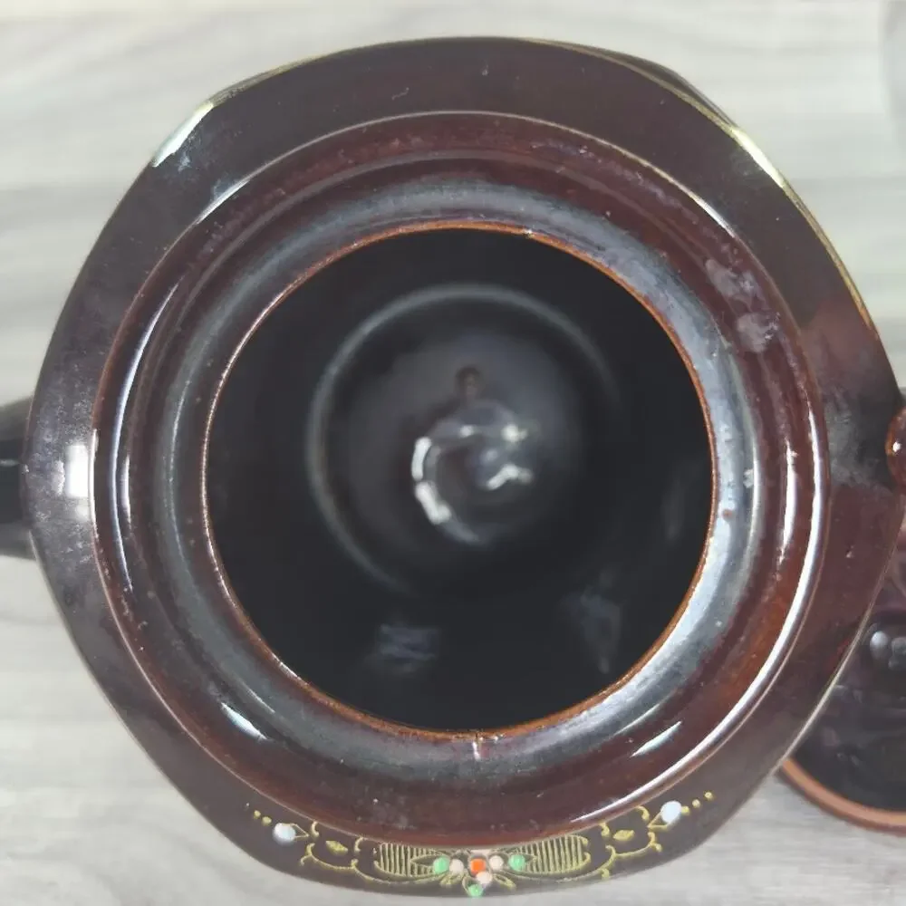 Vintage Japanese Dark Brown Teapot Hand Painted Raised Moriage Floral Gold Japan